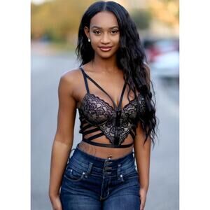 Sexy Black Lace Strappy Bodysuit Top Clubwear Y2K Night Out Size L